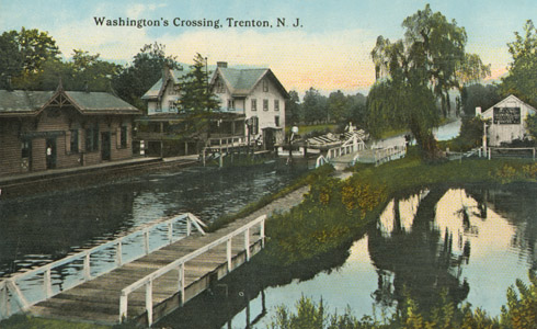 This image shows a portion of the Delaware and Raritan Feeder Canal near present-day Church Road in the historic Titusville neighborhood of Hopewell Township, Mercer County.  Note the Washington's Crossing railroad station of the Belvidere and Delaware Railroad, which ran along the present-day Delaware and Raritan Canal State Park multiuse trail, while the canal towpath was located along the eastern embankment.